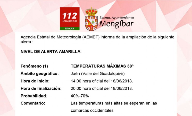 Alerta amarilla por calor en Mengíbar, con máximas previstas de hasta 38 grados, este lunes