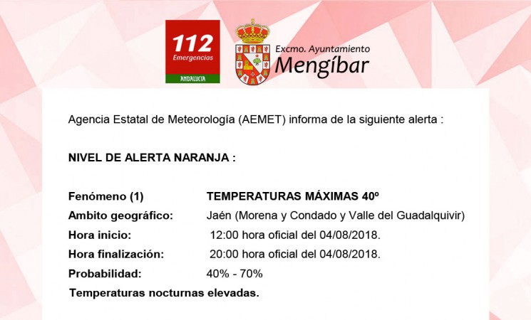 Alerta naranja por calor en Mengíbar, con máximas de 40-42º, este viernes y sábado